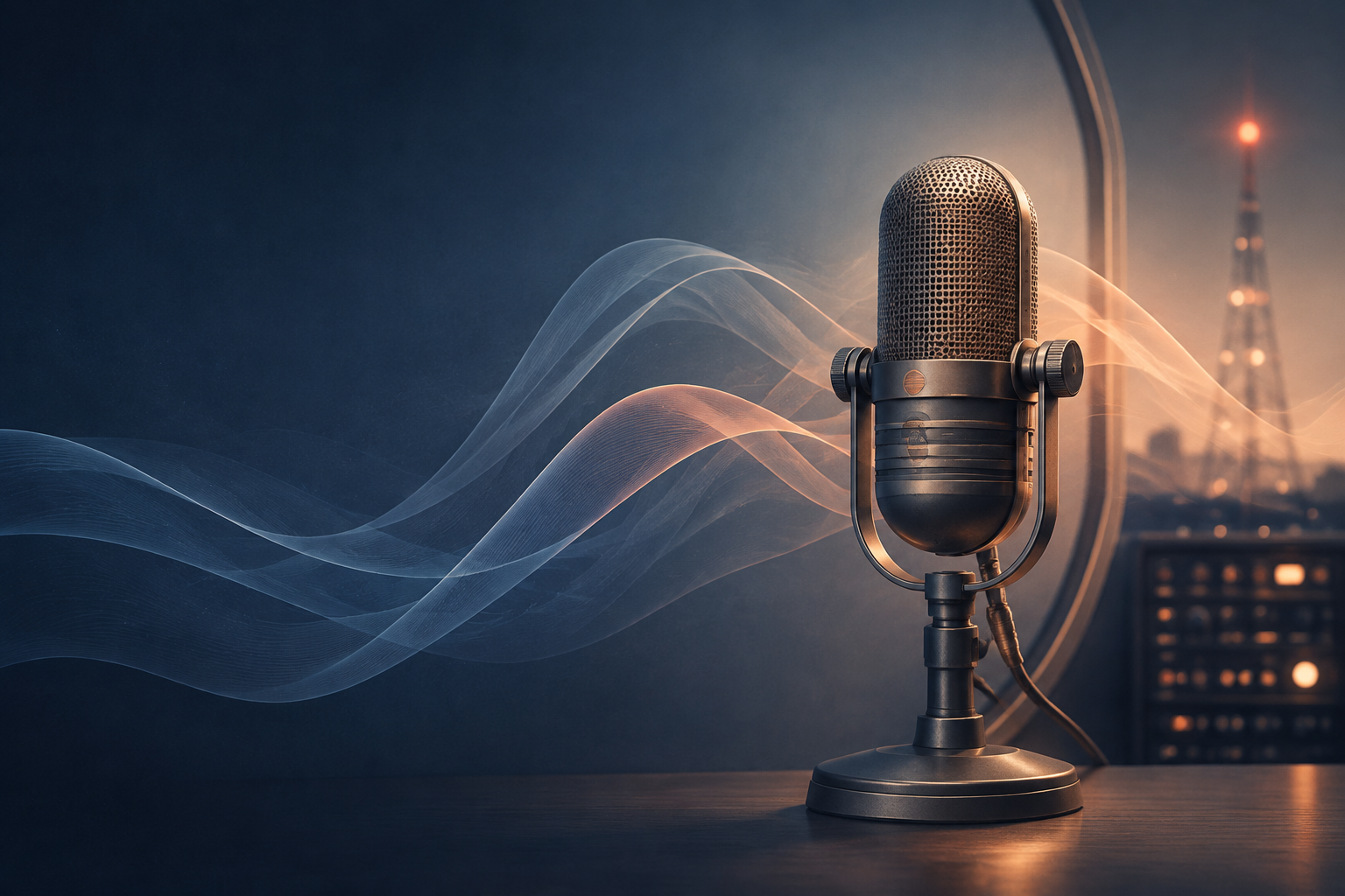 Broadcast microphone with flowing radio waves and a transmitter in the distance